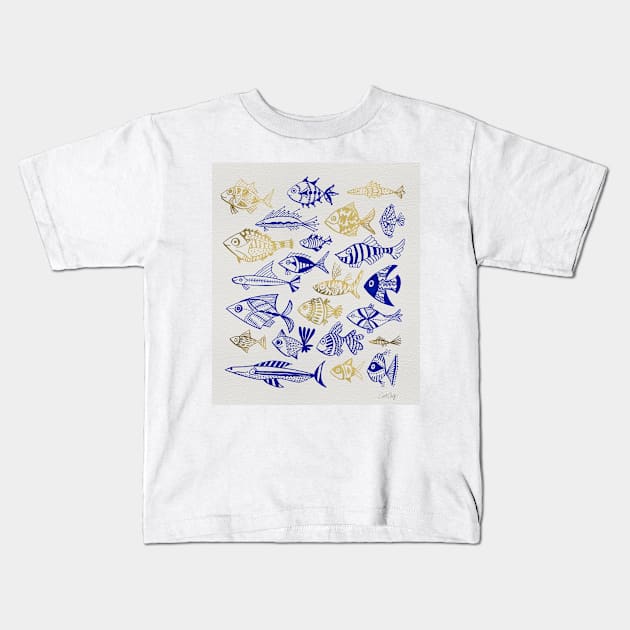 fish inkings blue gold Kids T-Shirt by CatCoq